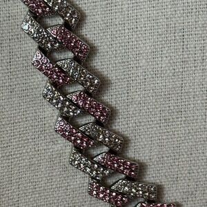 Pink and Clear Rhinestone Cuban Link Chain Cuban Necklace and Matching Bracelet